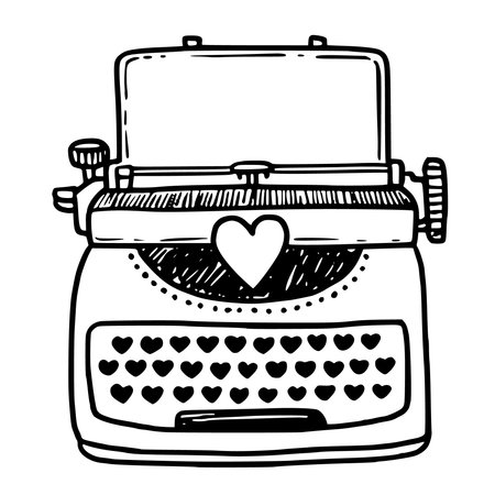 Typewriter vector illustration in doodle sketch style hand drawn outline in black and white. Cute vintage machine for valentine day card. Perfect for romantic design. Ideal for writer theme.のイラスト素材