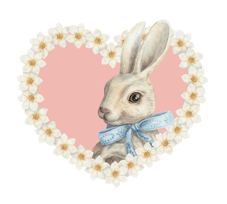 Easter bunny face inside heart with flowers in cute vintage style. Soft pink and white watercolor...