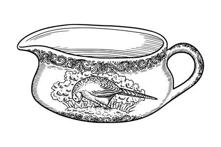 Vintage porcelain sauce boat with graceful pheasant motifs. Realistic hand drawn vector dinnerware with ornament. Perfect for outline card design. Ideal for elegant tableware decor and nostalgic art.のイラスト素材