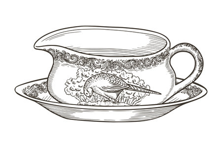 Sauce boat with plate dishware sketch in vintage style. Porcelain tableware with pheasant bird print. Hand drawn serving vector illustration. Ideal for template design. Ceramic art for greeting card.のイラスト素材