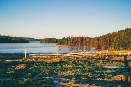 Beautiful autumn landscape. Lakeside in a quiet forest.の写真素材