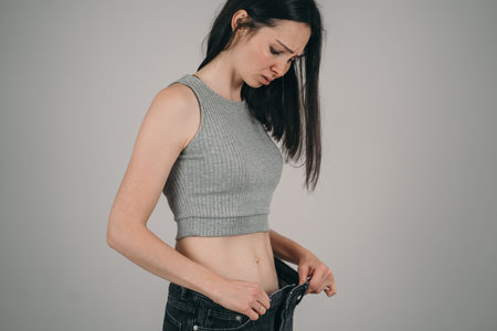 The girl lost a lot of weight. Anerexia in a girl. Too big jeans for a skinny girlの写真素材