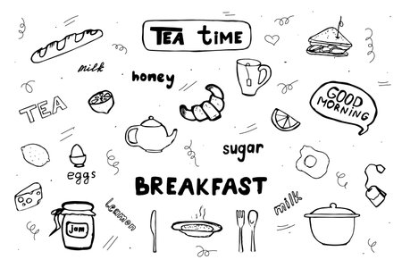 Doodle with morning breakfast. Outline tea time.のイラスト素材