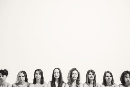 Beautiful girls with natural beauty. Heads of different women in the same frame. Place for your text. Black and white photo with a group of girls.の写真素材
