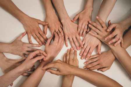 Natural female hand beauty. Many female hands without manicure. The trend for naturalness in female beauty. Uncoated natural nailsの写真素材