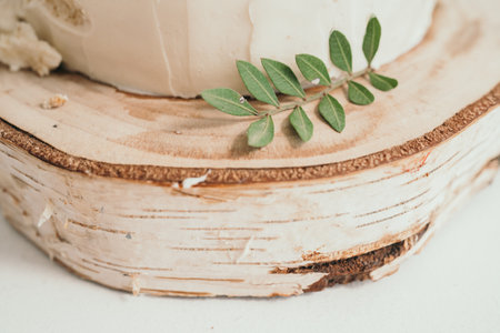 Cake with cream cheese decorated with eucalyptus leaves. Handmade homemade cake. Wooden tray of birch sawn.の写真素材