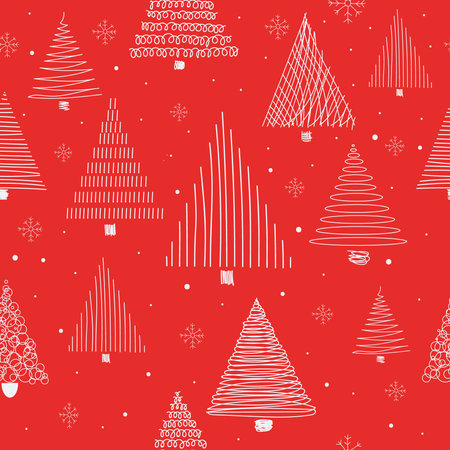 Seamless pattern with Christmas trees. White sketches of Christmas trees on a red background. Minimalistic design of New Years packaging.のイラスト素材