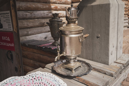 Russian samovar in the village. Traditional Russian village life.