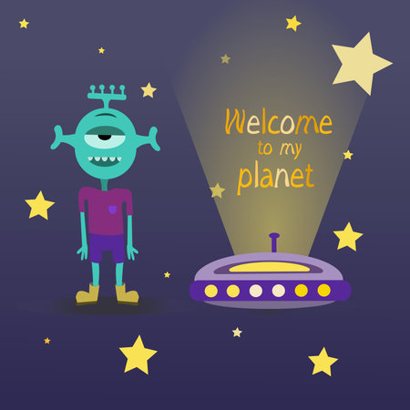Childrens illustration with a flying saucer and an alien. Cute illustration for childrens clothingのイラスト素材