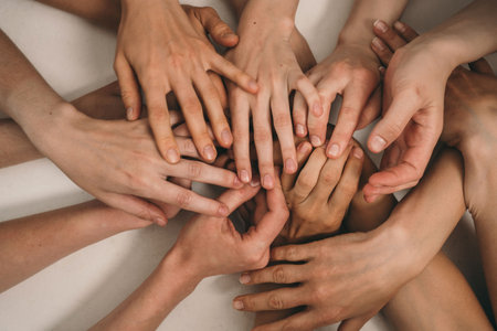 Natural female hand beauty. Many female hands without manicure. The trend for naturalness in female beauty. Uncoated natural nailsの写真素材