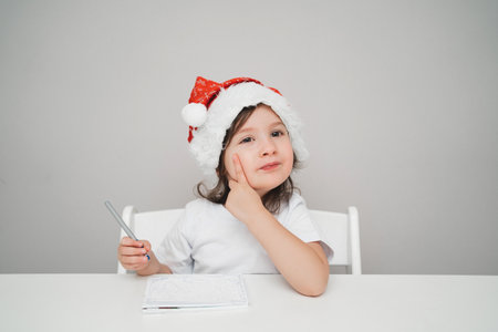 A child writes a letter to Santa Claus. A cute girl in a Santa Claus cap writes a to-do list. Place for a text about the new year.の写真素材