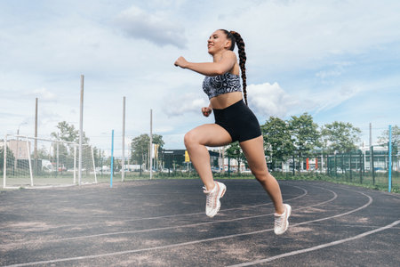 The girl is engaged in sports. The athlete runs a marathon on the treadmill. Healthy lifestyle among...