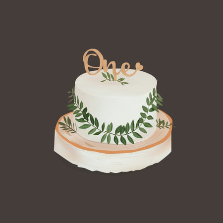 Cake for one year vector drawing. Beautiful cake in a minimalist style. Eucalyptus leaves. Cake on a...