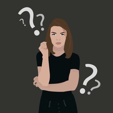 The girl faces a difficult question. A woman has problems she thinks about them. A sad girl asks herself a lot of questions.のイラスト素材