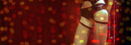 mannequin in erotic lingerie in sex shop window with reflection of red garland lights at night