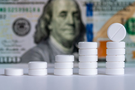pills stack and money for rising drug prices ideaの写真素材