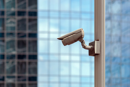 video surveillance security camera against glass office facade backgroundの写真素材