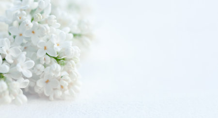 white lilac flowers on blurred light background, delicate white minimalistic floral template with copy spaceの写真素材