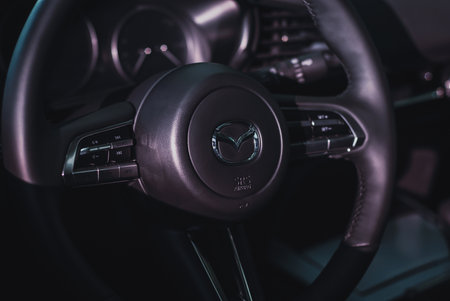 Car interior - steering wheel of Mazda CX-30, Moscow, 18 Feb 2021のeditorial素材