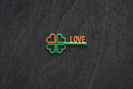 Irish green shamrock shape key with orange heart, four-leaf clover good luck charmの写真素材