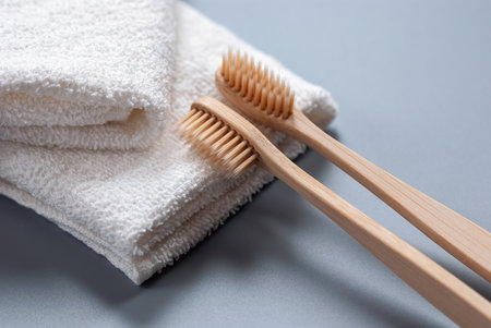 Two wooden toothbrushes and white towels on gray backgroundの写真素材