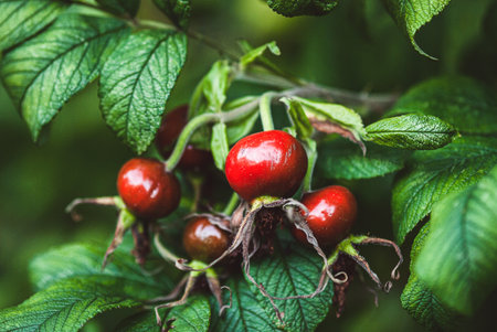 Rosa rugosa fruits growing on bush, ripe rose hip, fruit of sweet-brier in the gardenの写真素材