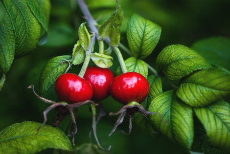 Rose hip, fruit of sweet-brier, Rosa rugosa fruits growing on bushの写真素材