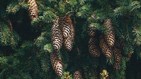Spruce tree branches with many cones closeup, fir tree backgroundの写真素材