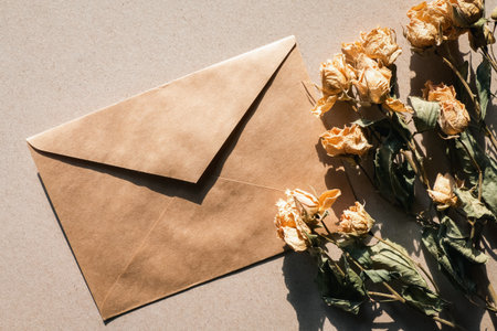 Dry flowers and brown paper envelope, vintage flat layの写真素材