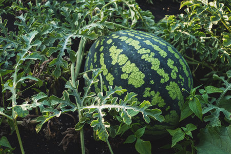 Watermelon on vine, watermelon growing in the garden closeupの写真素材