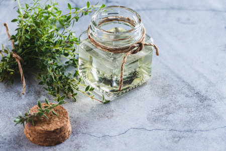 Thyme oil in a bottle, Thymus green leaves on gray background