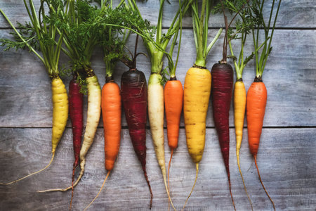 Colored carrots on wooden table, rainbow carrots in a row, overhead flat lay