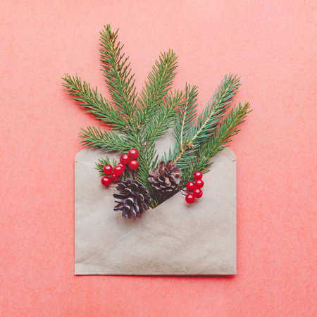 Christmas decoration in envelope, spruce twig cones on red paper background
