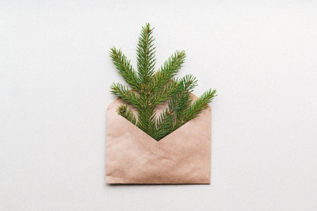 Christmas tree in brown paper envelope on recycled cardboard background, plastic free eco trend holiday giftsの写真素材