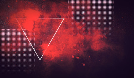 Red smoke, color paint splash, white triangle on dark background, abstract vintage poster design