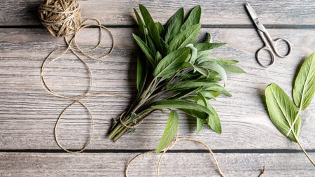 Bunch of green sage leaves on gray wooden table, herbs scissors string flat lay, overhead viewの写真素材