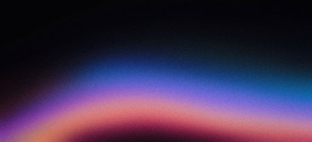 Abstract grainy gradient background purple pink orange black glowing color wave on dark backdrop, noise texture banner poster header designの写真素材