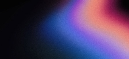 Abstract grainy gradient background purple pink orange black glowing color wave on dark backdrop, noise texture banner poster header designの写真素材