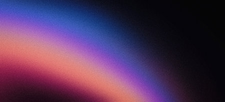 Abstract grainy gradient background purple pink orange black glowing color wave on dark backdrop, noise texture banner poster header designの写真素材
