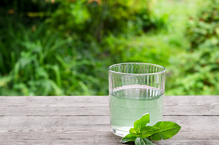water with mint on a wooden tableの写真素材