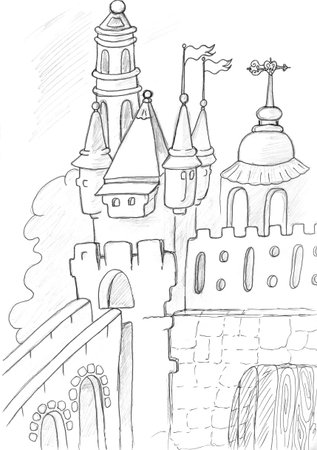 medieval castle sketch, pencil drawingの写真素材