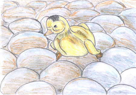 duckling hatched and sitting on eggs, drawingの写真素材