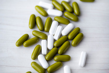 multi-colored pills dietary Supplements on a wooden table