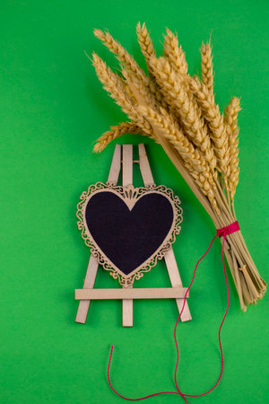 bouquet of wheat tied with red thread on a green backgroundの写真素材