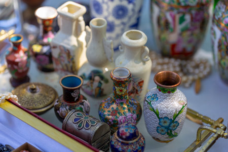 vintage vases at the flea market close-upの写真素材