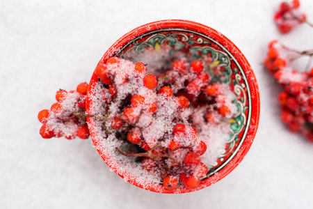 red berries covered with snow in bright patterned Cup. winter berries in the snow