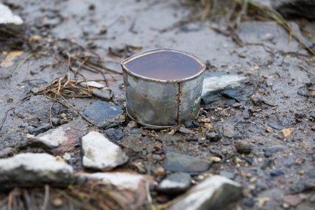 pollution of the environment. rusty shovels, buckets, garbage in the river on sand and grass. protection of natureの写真素材