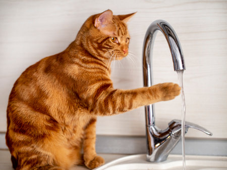 a red - haired teen cat plays with a water tap in the kitchen in the bright morning light.photo in partial blur in a light keyの写真素材