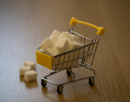 sugar in a grocery cart in light colors with partial blurring. conceptual photo about the harm of sugar to the bodyの写真素材