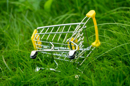an empty grocery cart lies in the grass in the gardenの写真素材